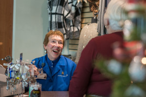 Arlene Swanson, RN, laughs as she talks with a woman at Spectrum Health Ludington Hospital